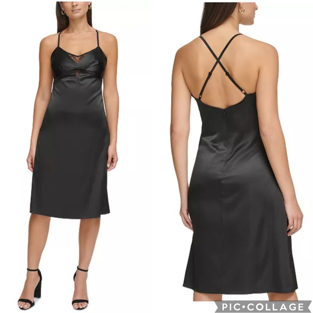 Guess Lace Trim‎ Twist Front Satin Slip Dress Black 12